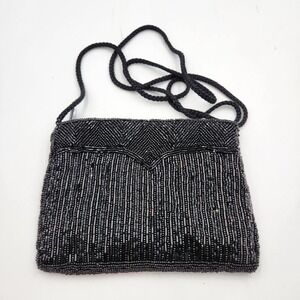 Vintage FDC Shoulder Bag Womens Black Beaded Zipper‎ Braided Crossbody Strap